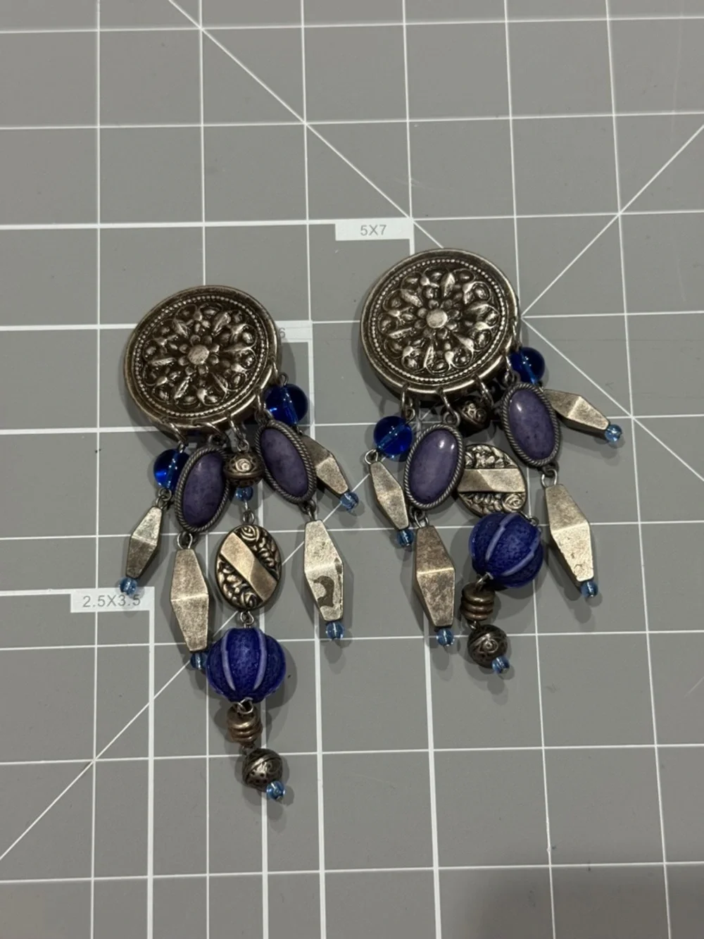 Artizen Blue and Silver Bohemian Dangle Clip On Earrings Tribal Western Jewelry